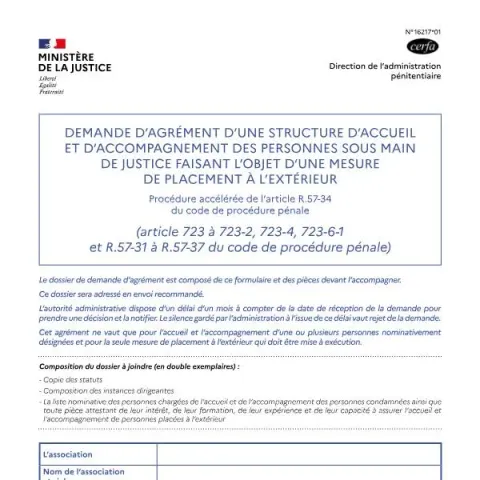 Aperçu du document Demande d'agrément pour structures d'accueil et accompagnement — Juridique & justice (16217*01)