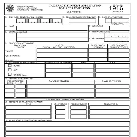 Document preview: Understanding BIR Form No. 1916 for Tax Professionals — Taxes (CERFA n°1916)