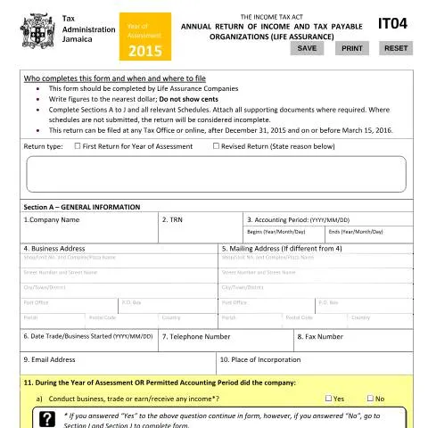 Document preview: Annual Income and Tax Return for Jamaican Life Insurance Companies — Government & admin (CERFA n°it04_10032016)