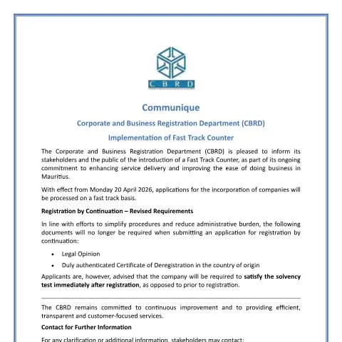 Document preview: Mauritius Launches Fast Track Counter for Business Registration — Government & admin (CERFA n°Updated-COMMUNIQUE-Fast-Track-Counter)