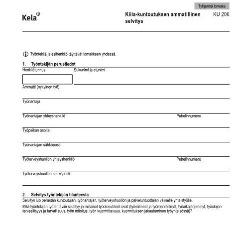 Document preview: Kiila-kuntoutuksen ammatillinen selvitys ja sen rooli työelämässä — Terveys (CERFA n°Kela KU 200)
