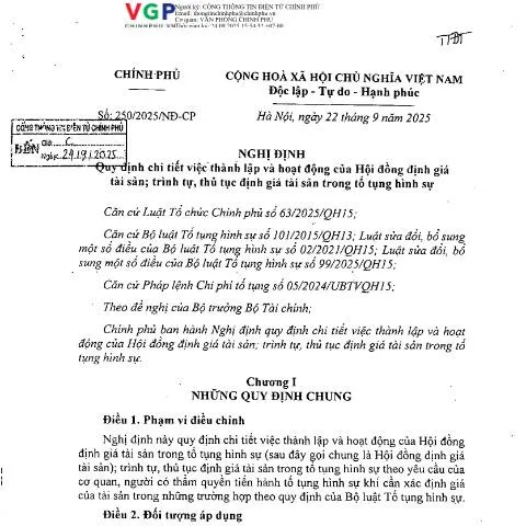 Document preview: Nghị định số 250/2025/NĐ-CP: Chi tiết về Hội đồng định giá tài sản — Thuế & tài chính (CERFA n°250/2025/NĐ-CP)