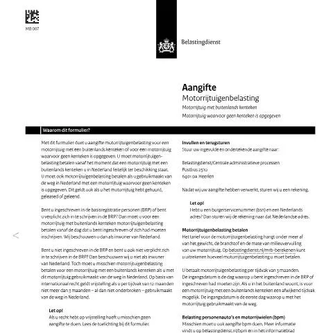 Documentvoorvertoning: Belang van Aangifte Motorrijtuigenbelasting in Nederland — Belastingen (CERFA n°mb0072z17fol)