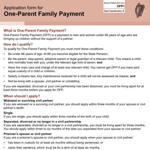 Document preview: Understanding the One-Parent Family Payment in Ireland — Benefits & social aid (CERFA n°OFP1)