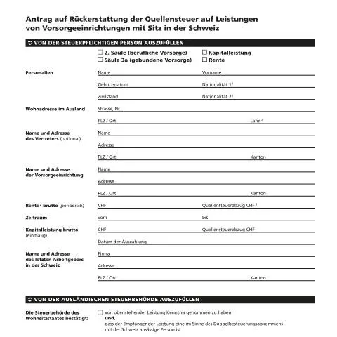 Dokumentvorschau: Antrag auf Quellensteuer-Rückerstattung für Vorsorgeleistungen — Bibliothek