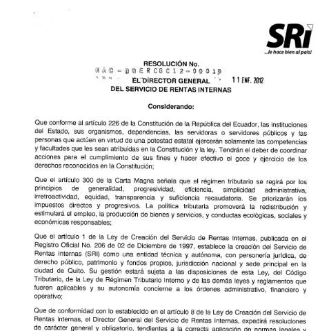 Vista previa del documento Normativa del IVA en bebidas envasadas en Ecuador — Impuestos (CERFA n°Resoluci�n+No.+NAC-DGERCGC12-00015,+publicada+en+S.R.O.+620+de+17-01-2012)