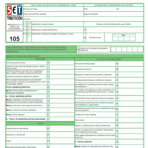 Vista previa del documento Formulario 105 para Declaraciones Juradas en Paraguay — Impuestos (CERFA n°F105)