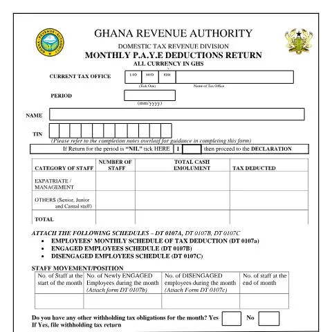 Document preview: Understanding Ghana's Monthly PAYE Deductions Return Form — Taxes (CERFA n°DT-0107)