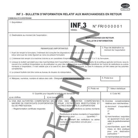 Aperçu du document Bulletin INF 3 : procédures douanières pour marchandises de retour — Démarches administratives (CERFA n°11021*03)