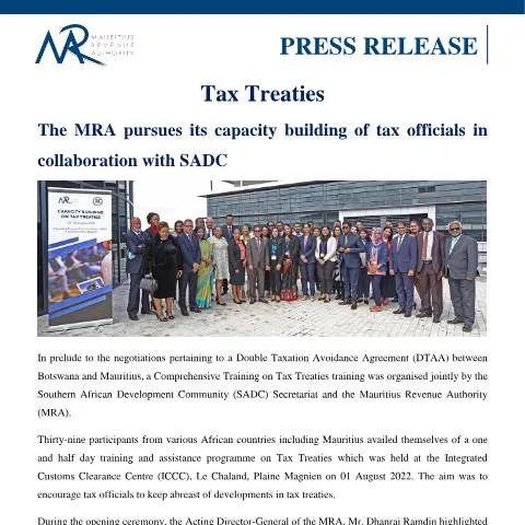 Document preview: MRA's Role in Advancing Tax Treaties with SADC — Taxes (CERFA n°PressRelease050822)