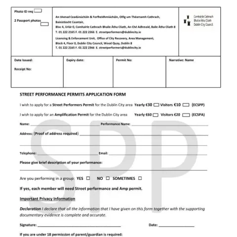 Document preview: Dublin City Council Application for Street Performance Permit — Government & admin