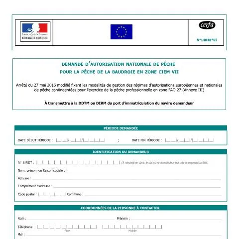Aperçu du document Autorisation nationale de pêche pour la baudroie en zone CIEM VII — Démarches administratives (CERFA n°14848*05)