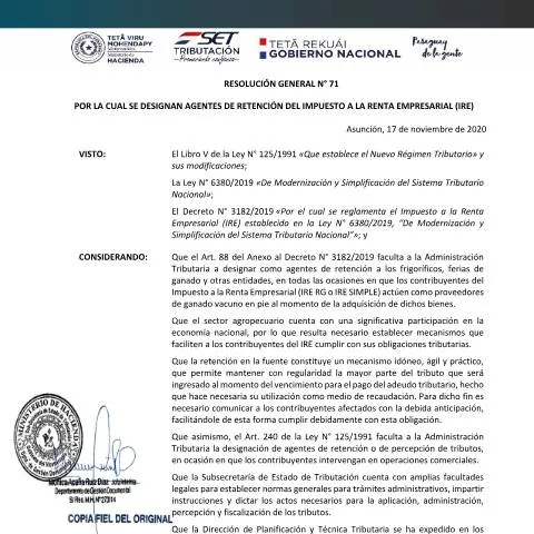 Vista previa del documento Designación de agentes de retención del IRE en Paraguay — Impuestos