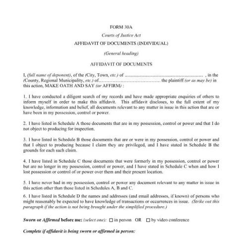 Document preview: Understanding the Affidavit of Documents (Individual) Form RCP 30A — Legal & justice (RCP Form 30A)