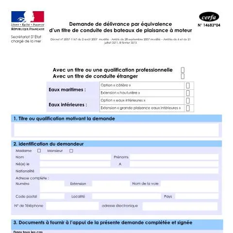Aperçu du document Demande d'équivalence pour le permis bateau : mode d'emploi — Démarches administratives (CERFA n°14683*04)