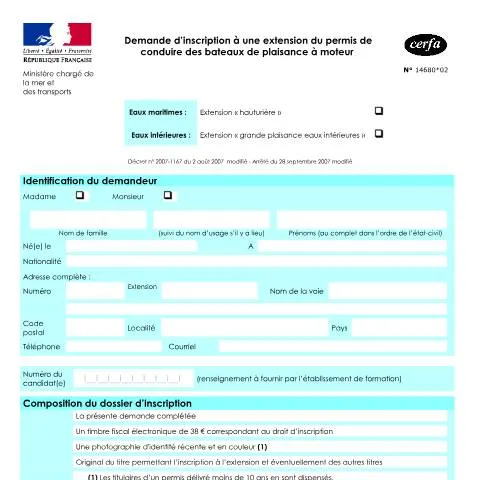Aperçu du document Formulaire 14680*02 : demande d'extension du permis bateau — Véhicule & permis (CERFA n°14680*02)