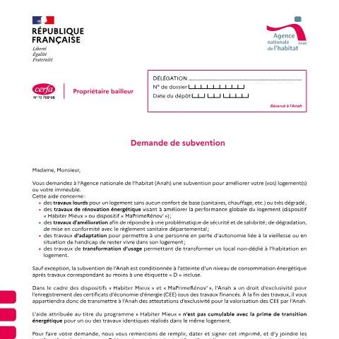 Aperçu du document Aide Anah pour travaux de rénovation : guide du propriétaire bailleur — Logement (CERFA n°12709*08)