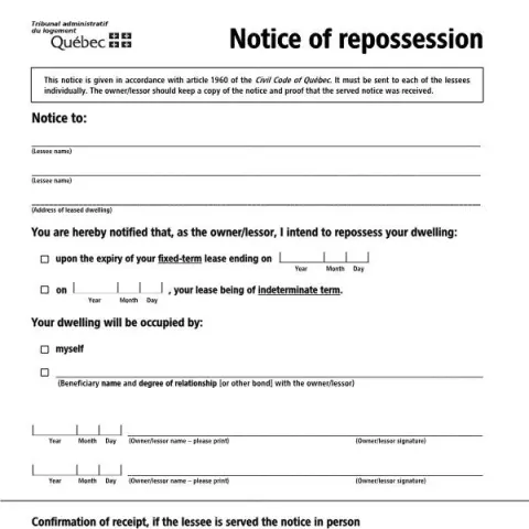 Document preview: Understanding the Notice of Repossession in Quebec Rental Law — Housing (TAL-809A-E)