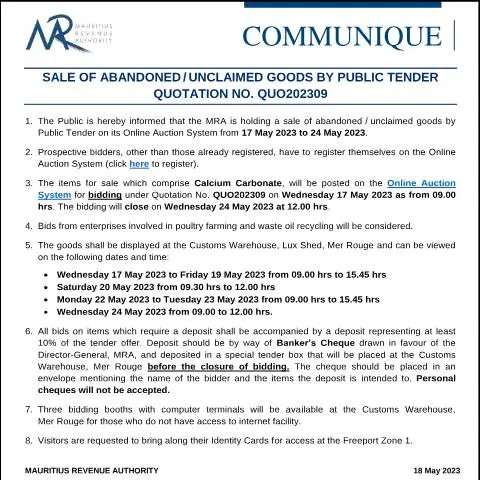 Document preview: Official Notice: Sale of Abandoned and Unclaimed Goods by Public — Government & admin (CommuniqueQUO202309)