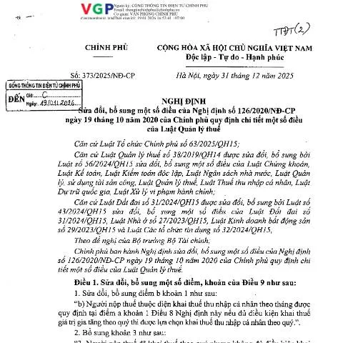 Document preview: Nghị định 373/2025/NĐ-CP: Đổi mới quy định quản lý thuế — Thuế & tài chính (CERFA n°373/2025/NĐ-CP)