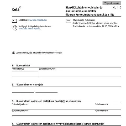 Document preview: Nuoren kuntoutusrahahakemuksen liite: Henkilökohtainen suunnitelma — Terveys (CERFA n°Kela KU 110)