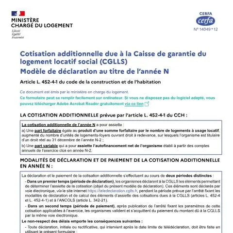 Aperçu du document Cotisation additionnelle à la Caisse de garantie : obligations des — Logement (CERFA n°14049*12)