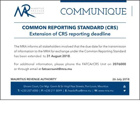 Document preview: Important Update on CRS Reporting Deadline Extension — Government & admin (CRS260718)