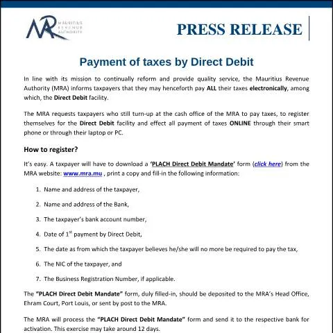 Document preview: Simplifying Tax Payments in Mauritius with Direct Debit — Taxes (CERFA n°PressRelease050620)