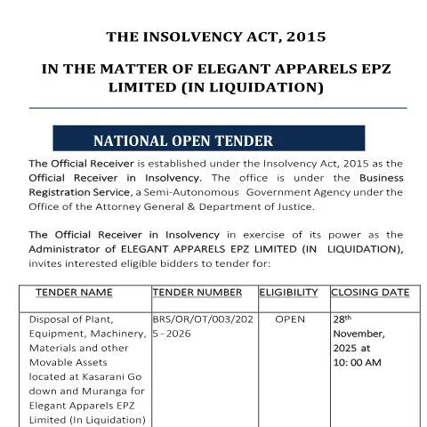 Document preview: Bid on Movable Assets from Elegant Apparels EPZ Limited — Government & admin (CERFA n°TENDER-NOTICE-ELEGANT-APPARELS2)