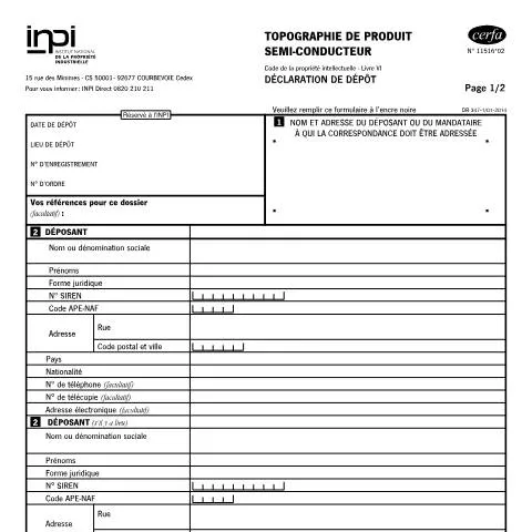 Aperçu du document Déclaration de dépôt des topographies de semi-conducteurs (TPS) — Démarches administratives (CERFA n°11516*02)