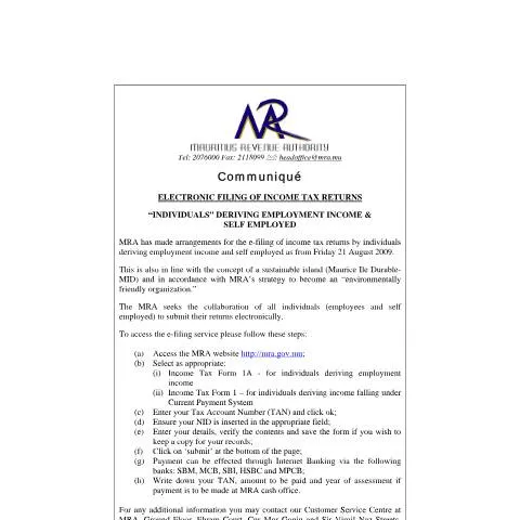 Document preview: The Impact of Electronic Tax Filing in Mauritius — Taxes (CERFA n°communiqueEFiling2009)