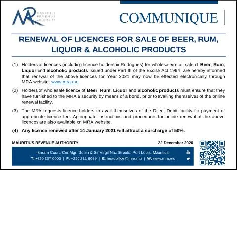 Document preview: Mauritius Alcohol Sale Licence Renewal Notice — Government & admin (CommuniqueRenewalLicences2020)