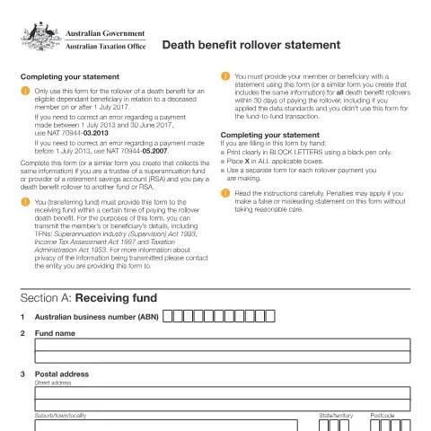 Document preview: Navigating the Death Benefit Rollover Statement in Australia — Taxes (CERFA n°NAT 74924)