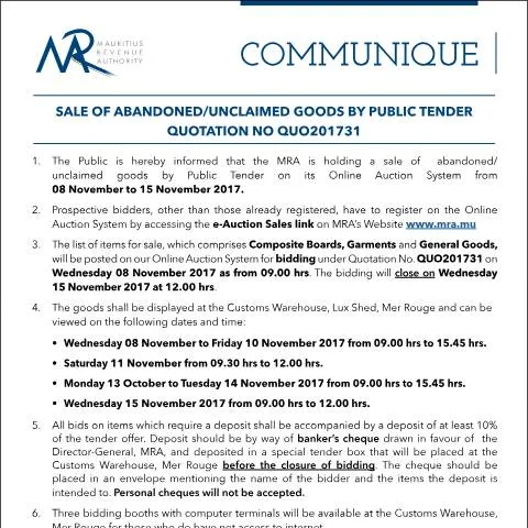 Document preview: Understanding Public Tender for Abandoned Goods — Government & admin (CERFA n°CommuniqueQ31of2017)