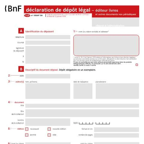 Aperçu du document Dépôt légal éditeur : comprendre l'obligation du formulaire 10069*04 — Démarches administratives (CERFA n°10069*04)