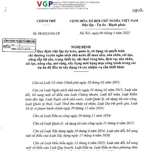 Document preview: Nghị định 98/2025/NĐ-CP: Quy định mới về quản lý tài chính nhà nước — Ngân hàng & tài chính (CERFA n°98/2025/NĐ-CP)