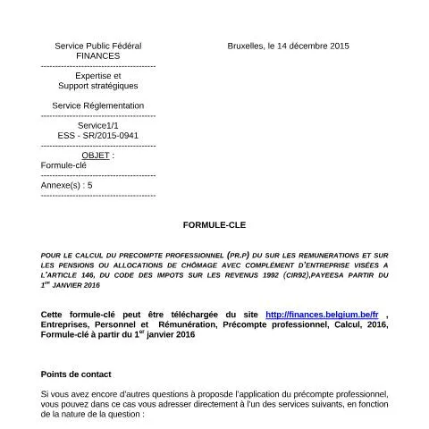 Aperçu du document Comprendre la Formule-clé pour le précompte professionnel en Belgique — Impôts & fiscalité (CERFA n°700-formule-cle-20160101)