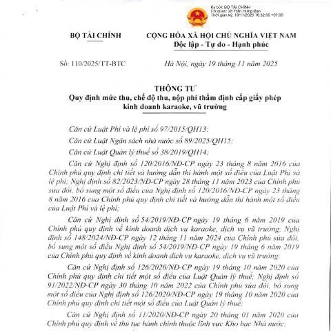 Document preview: Nghĩa vụ tài chính trong cấp giấy phép kinh doanh karaoke theo Thông — Thủ tục hành chính (CERFA n°110/2025/TT-BTC)