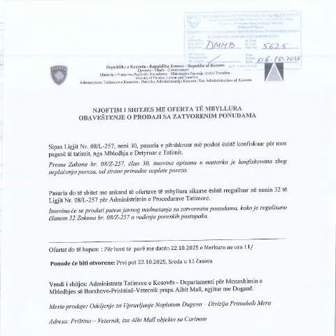 Document preview: Shitja me Oferta të Mbyllura në Kosovë — Procedura administrative