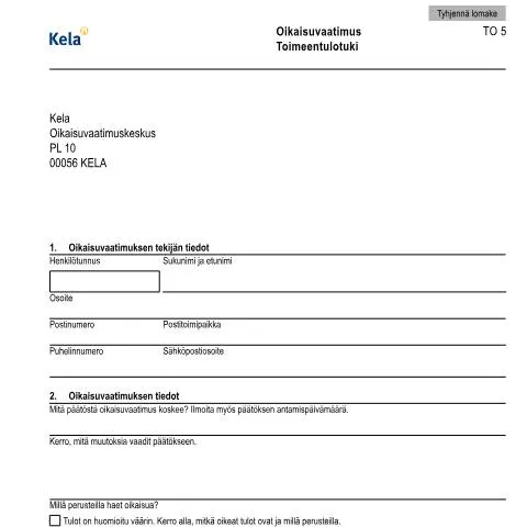 Document preview: Miten tehdä oikaisuvaatimus toimeentulotukeen liittyen? — Tuet & sosiaalietuudet (CERFA n°Kela TO 5)