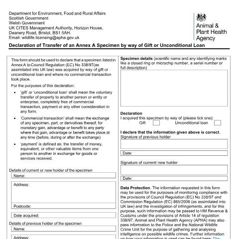 Document preview: Declaring Endangered Species Gifts and Loans in the UK — Government & admin