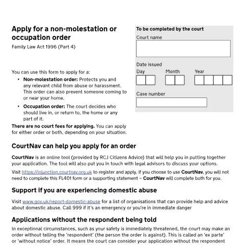 Document preview: How to Apply for Court Protection Orders Using Form FL401 — Legal & justice