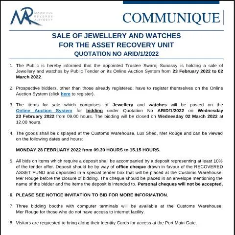 Document preview: Public Sale of Recovered Jewellery and Watches in Mauritius — Government & admin (CERFA n°Communique210222)