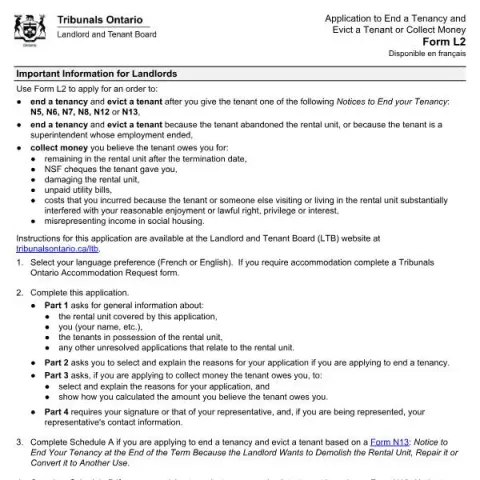 Document preview: Guide to Using Form L2 for Ending Tenancies and Collecting Money (English / French) — Housing (Form L2)