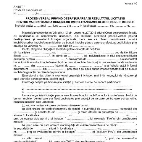 Document preview: Procesul-Verbal în Licitațiile pentru Bunuri Imobile — Formalități administrative (CERFA n°A40_OPANAF_63_2017)