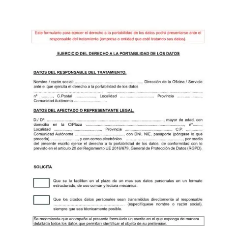 Vista previa del documento Formulario para ejercer el derecho a la portabilidad de datos — Digital y datos personales
