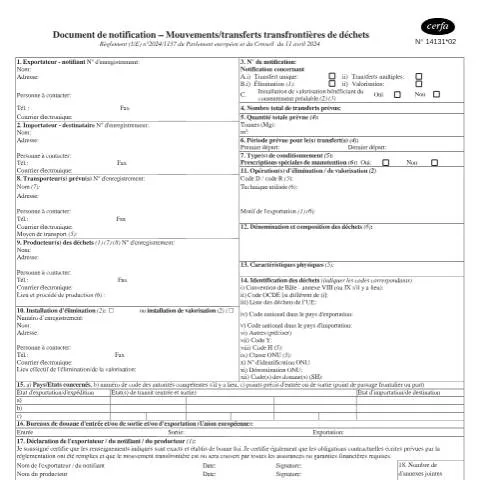 Aperçu du document Document de notification 14131*02 pour mouvements de déchets — Démarches administratives (CERFA n°14131*02)