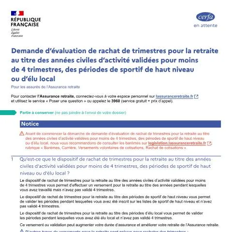 Aperçu du document Rachat de trimestres pour années d'activité incomplètes : mode — Retraite & pension (CERFA n°15394*03)