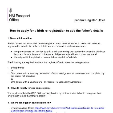 Document preview: How to Re-register Birth Certificate with Father's Details — Civil status & identity