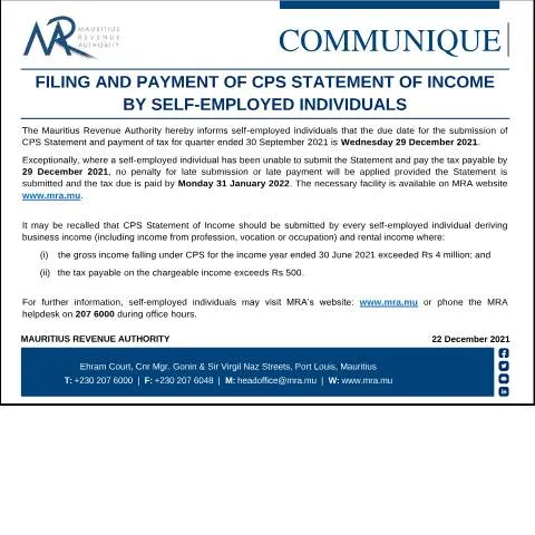 Document preview: Mauritius Self-Employed Income Filing and Payment Requirements — Taxes (CERFA n°CommuniqueCPS221221)